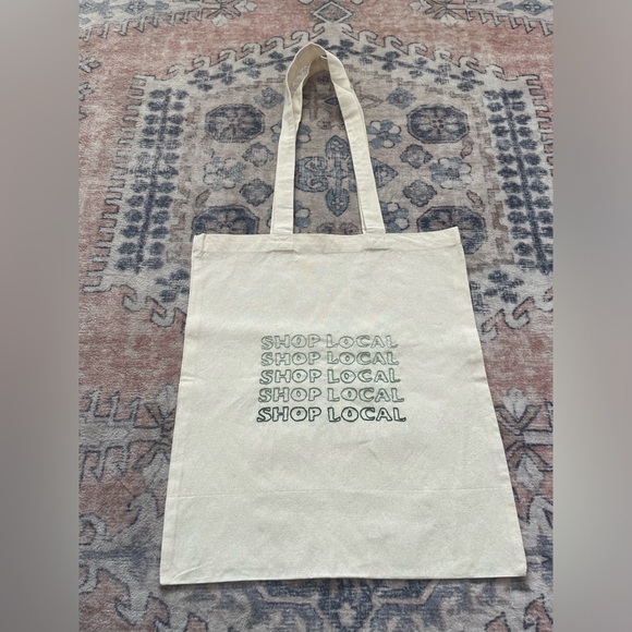 Hand Embroidered Green ‘Shop Local’ Tan Canvas On The Go Tote Bag - Picture 1 of 5